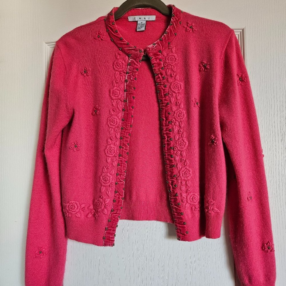 VINTAGE Cabi Stunning Hot Pink Velvet/Floral Cardigan - Size M